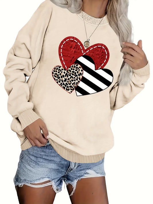 Heart Print Pullover Sweatshirt, Casual Long Sleeve Crew Neck Sweatshirt, Women's Clothing
