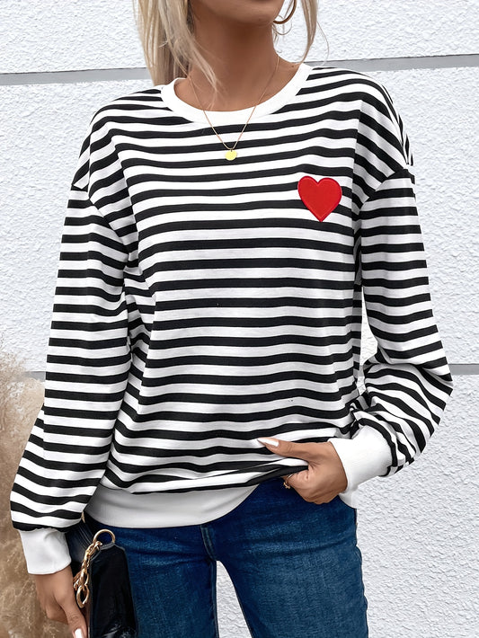 Heart Patch Stripe Print Pullover Sweatshirt, Casual Long Sleeve Crew Neck Sweatshirt For Fall & Winter, Women's Clothing